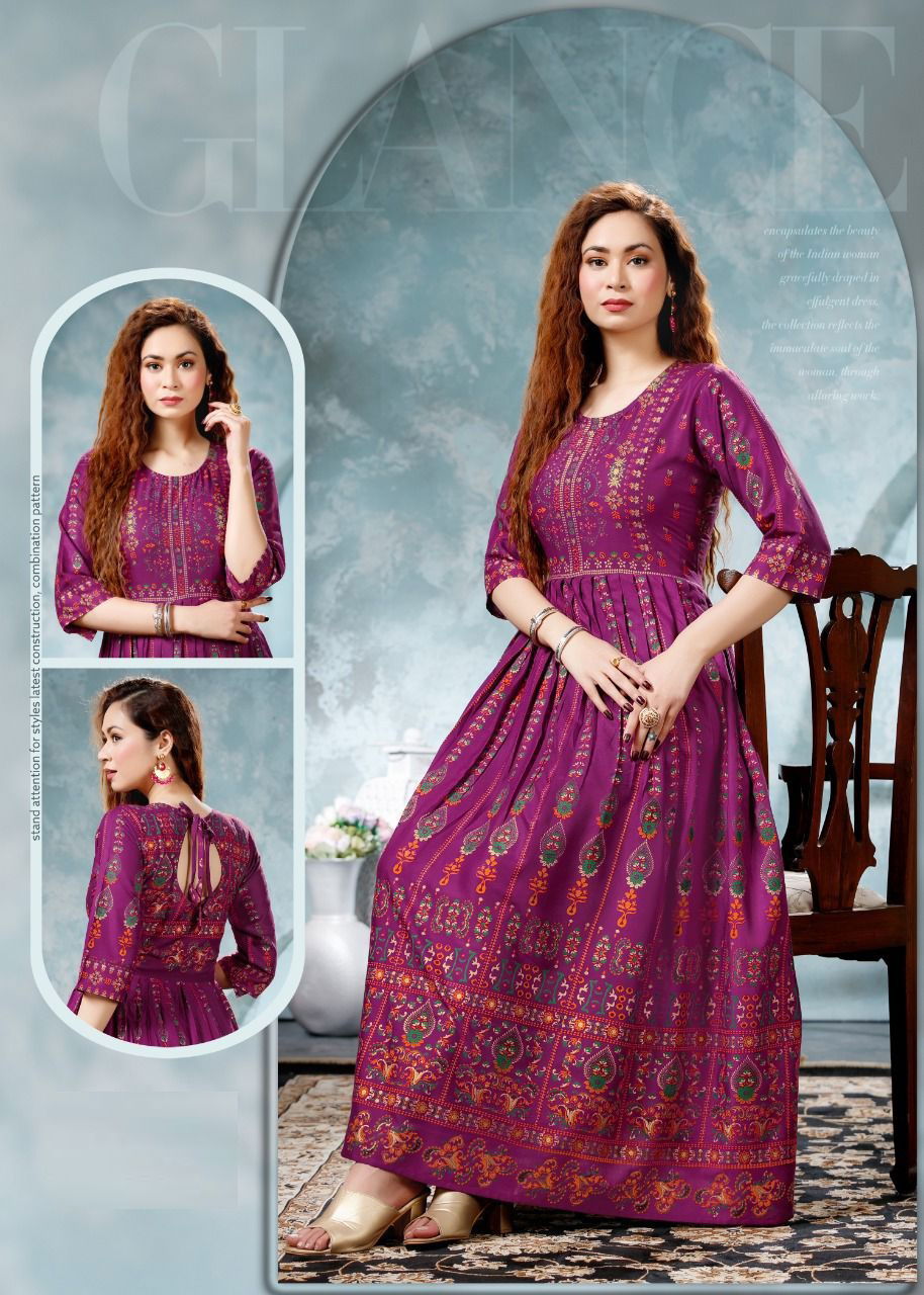 Beauty Queen Golden Party Ethnic Wear Rayon Printed Anarkali Long Kurti Collection
